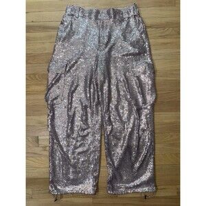 Anthropologie Silver Sequin Cargo Pant Stretch Wide Cinch Ankle Lined Women 6